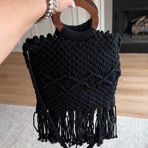 Danielle Nicole Black Macramé Fringe Satchel with Wood Handles